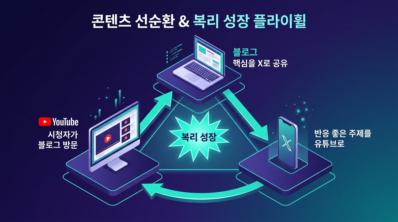 AI SNS 콘텐츠 자동화 플라이휠 — 블로그, X, 유튜브가 서로를 성장시키는 구조