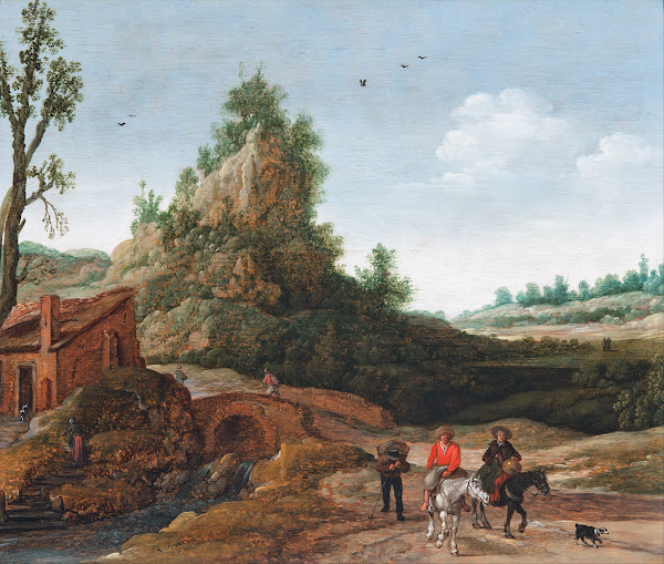 A landscape with travellers crossing a bridge before a small dwelling horsemen i
