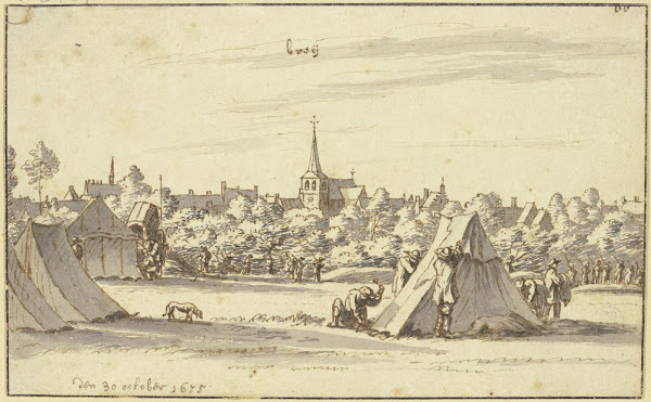 Vor einer Stadt schlagen Soldaten Zelte auf 1675