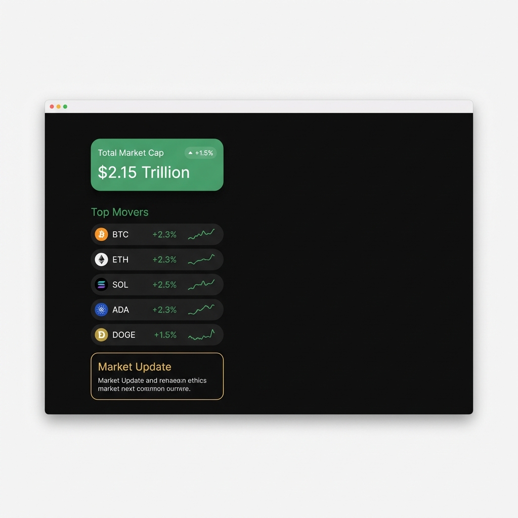 Close up web browser showing a minimalist aggregator dashboard with total market cap and top movers for coins market in Finance Police brand colors
