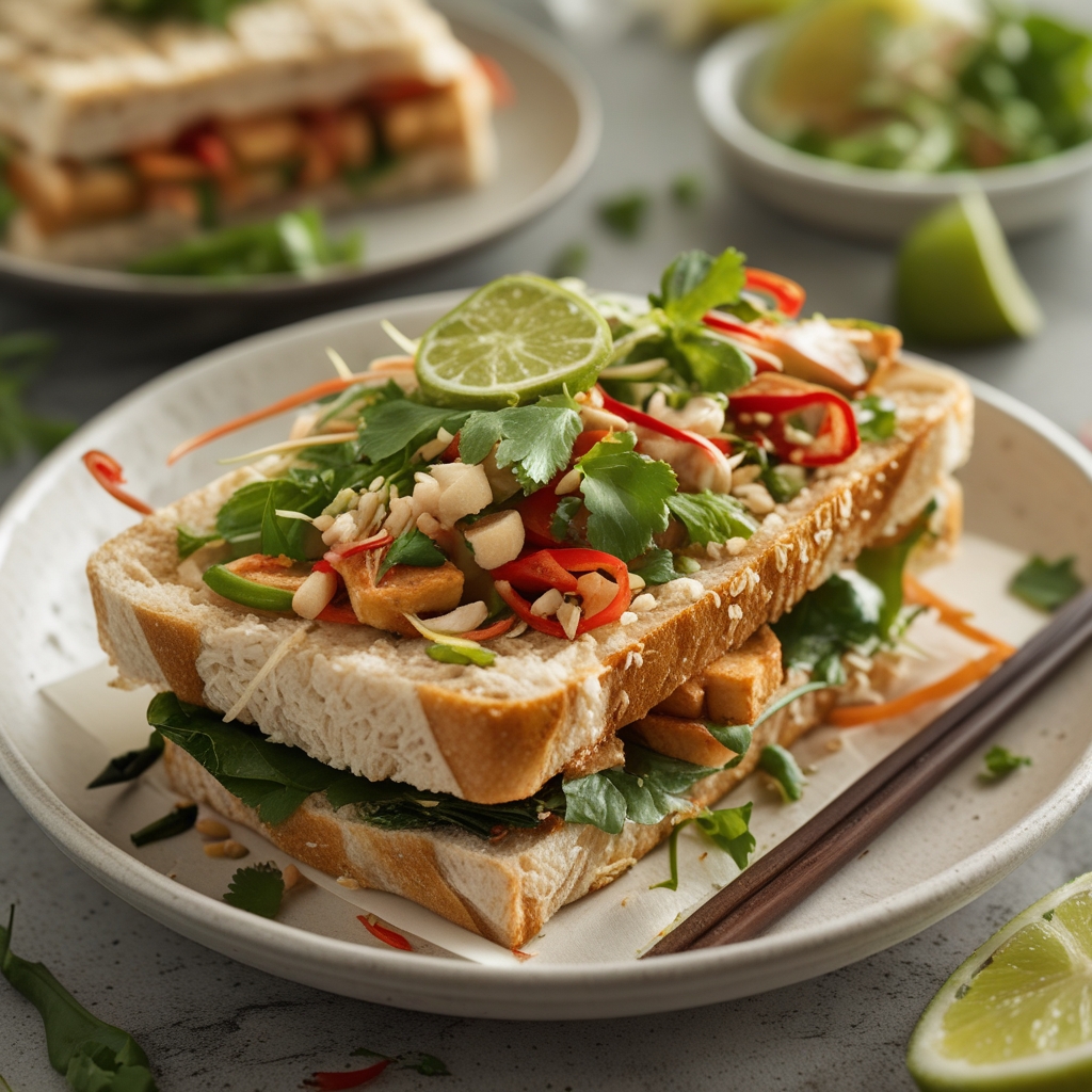 Final Crispy Chili-Lime Tofu Banh Mi with Quick-Pickled Rainbow Veggies