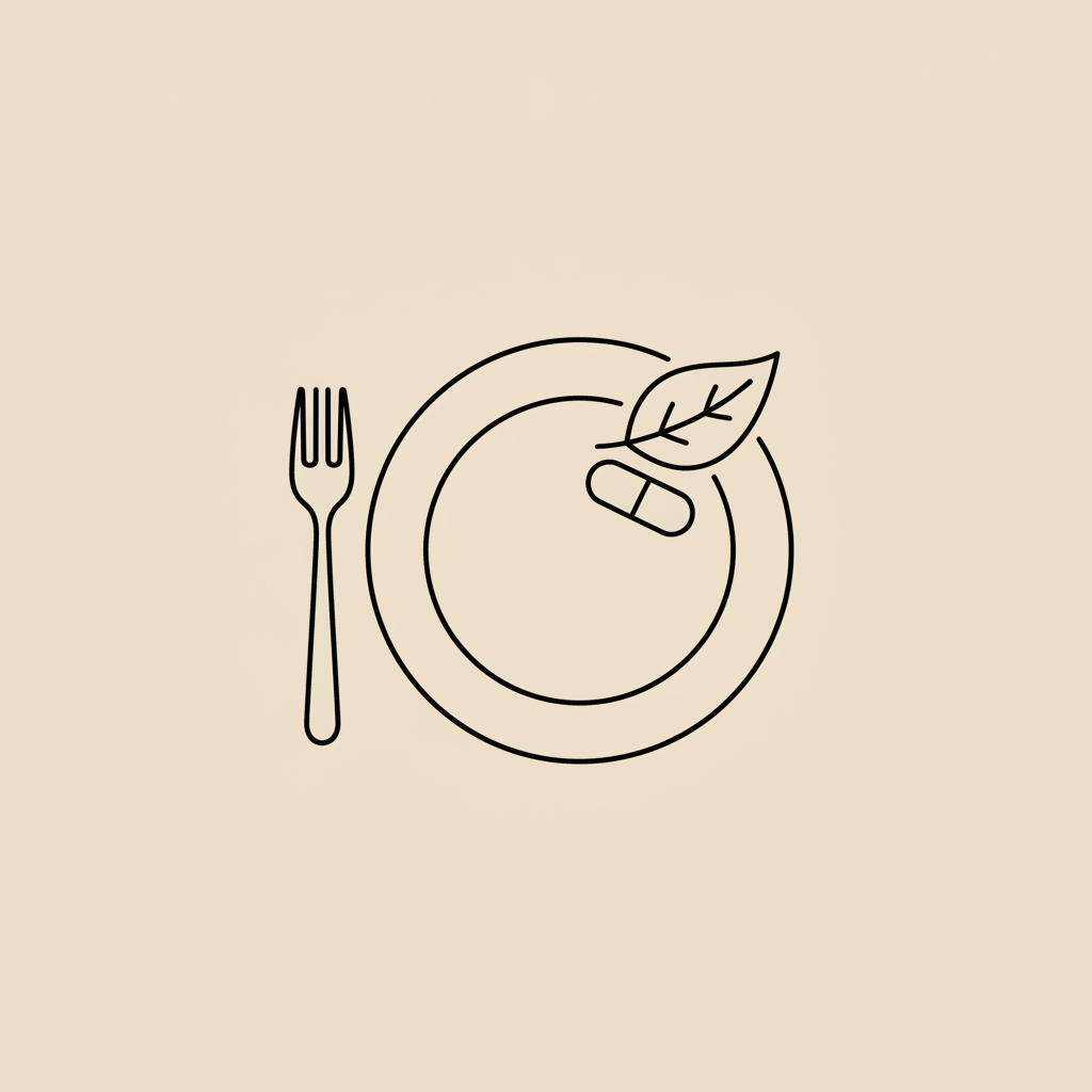 Minimalist line illustration of plate with fork, capsule, and leaf on beige background — How long will it take to lose 30 pounds on a 1200 calorie diet?
