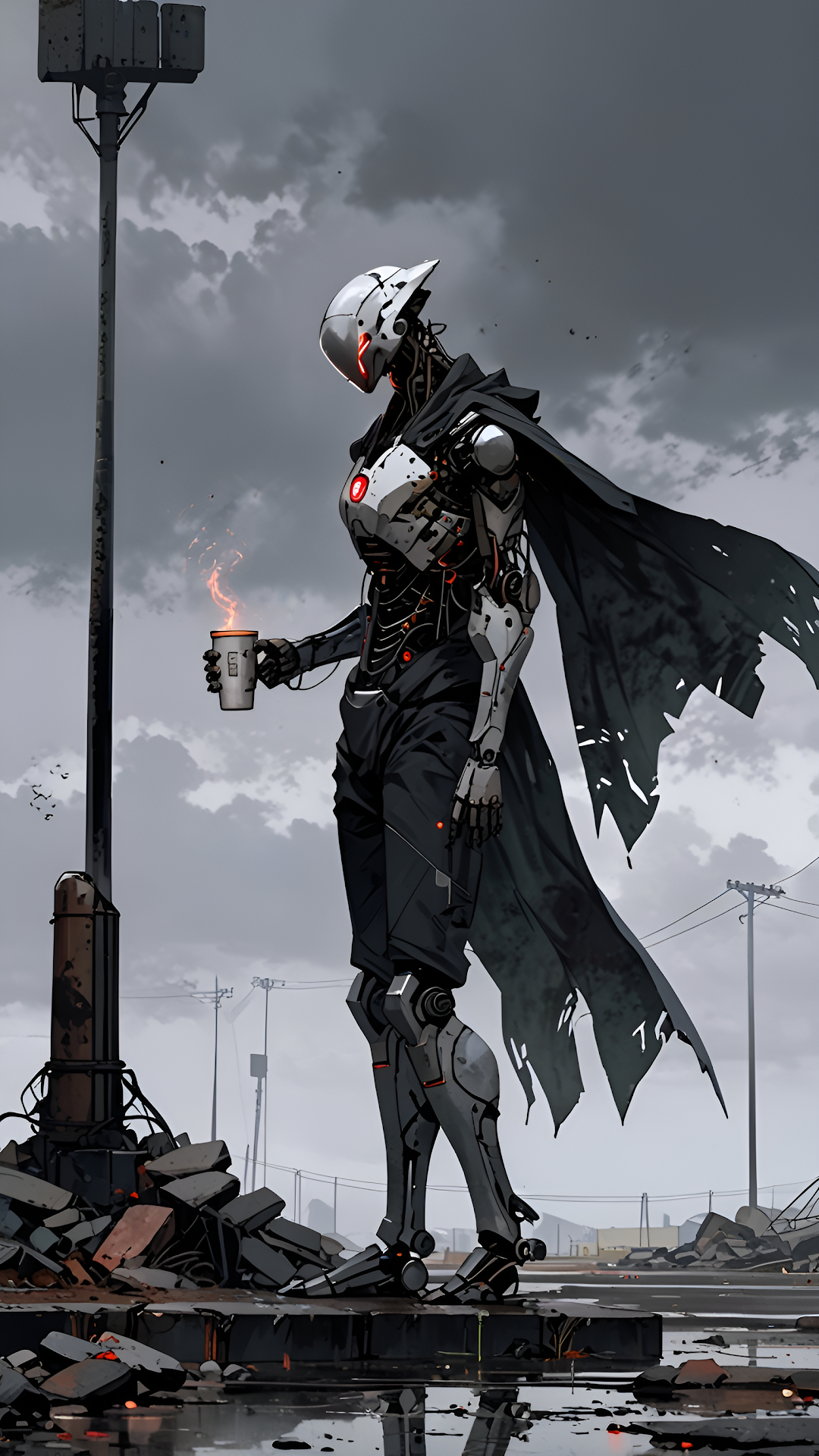 Cyborg Android in Post Apocalyptic Wasteland Holding Coffee - Free 4K mobile Wallpaper