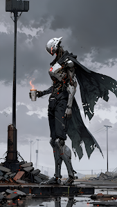 Cyborg Android in Post Apocalyptic Wasteland Holding Coffee
