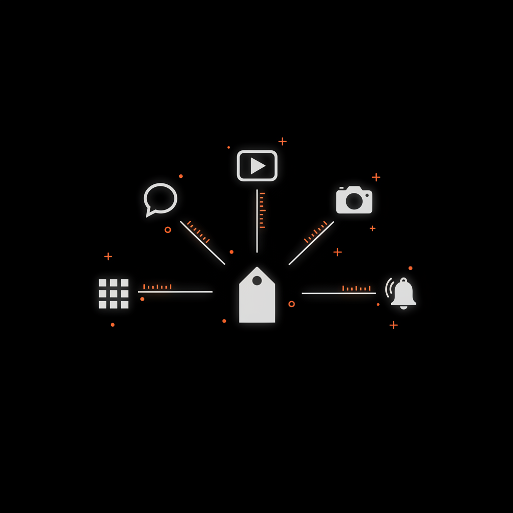 Minimal vector infographic of a central tag icon linked to five abstract platform icons with data sparkles and measurement lines, Social Success Hub palette, hashtags