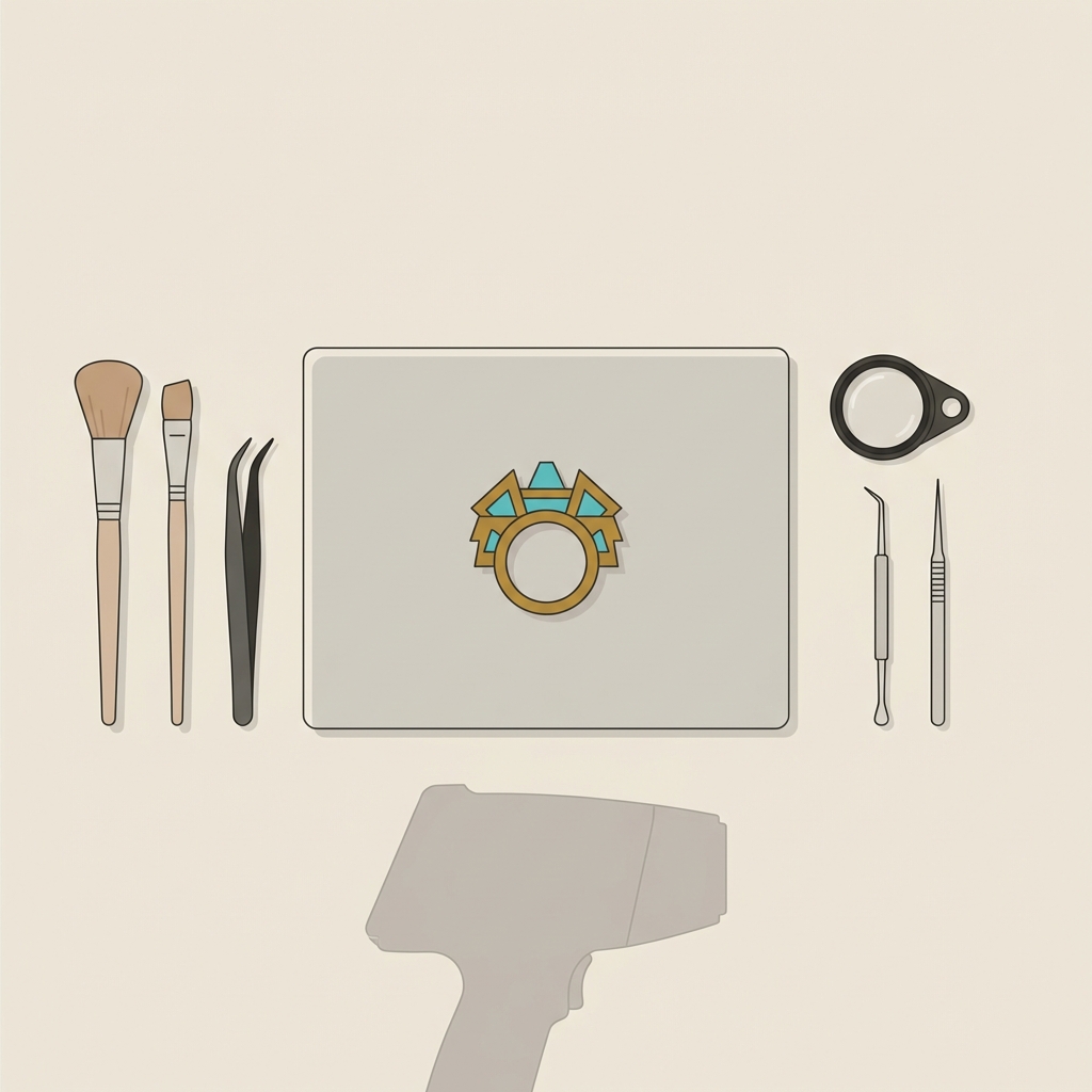 Minimalist conservator workspace showing an ancient aztec ring on a matte nonreflective pad with tidy tools and a simplified XRF device on an Aurora Antiqua beige background