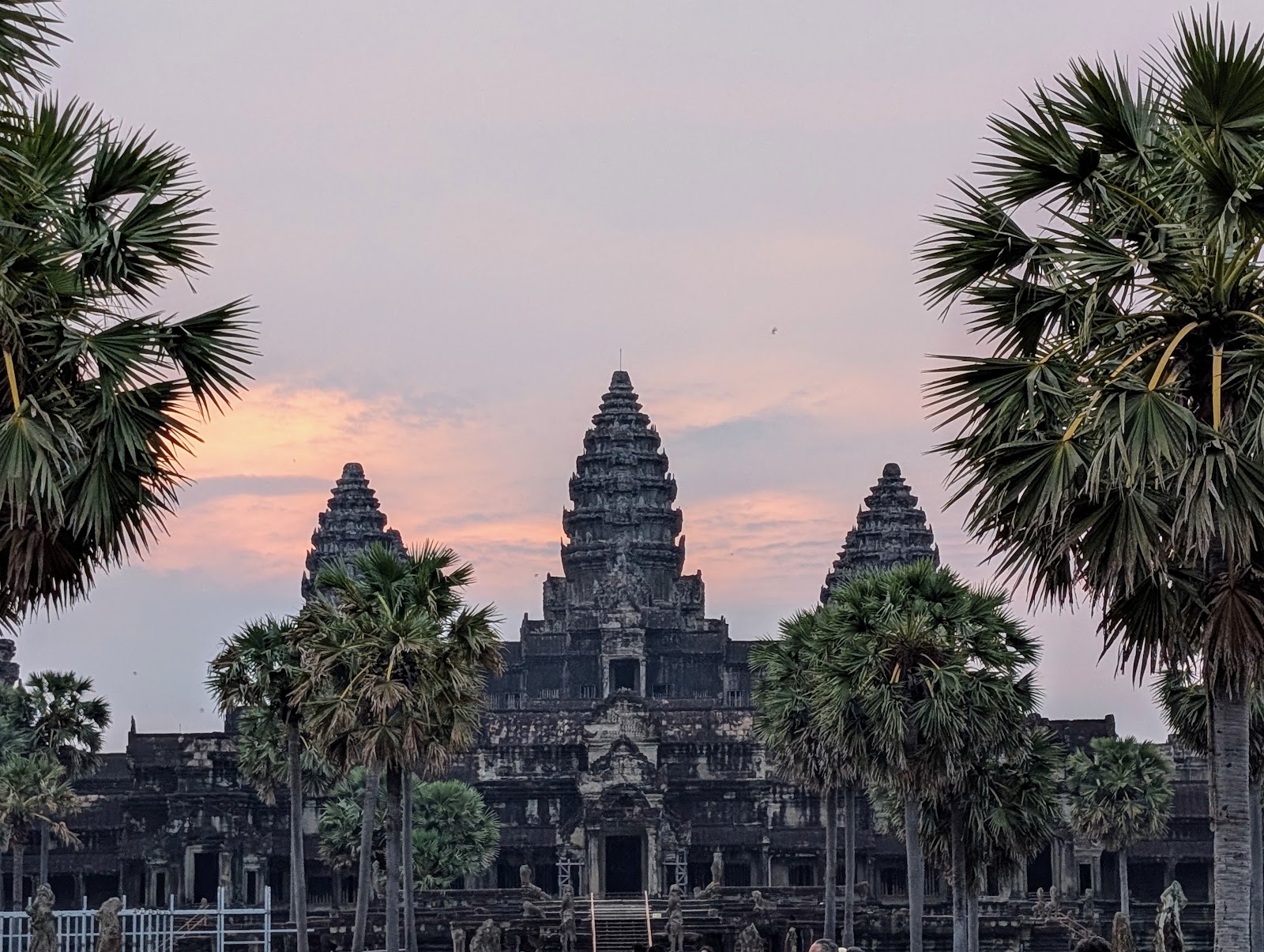 A photo of Angkor Wat straight on with some big palm trees in
                 the foreground