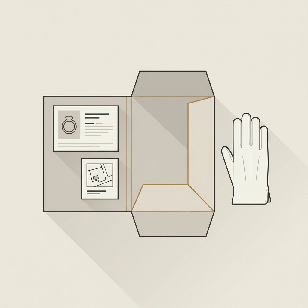 Top down minimalist vector of an open conservation folder with ring inventory card and findspot sketch next to archival glove showing an ancient signet ring inventory layout