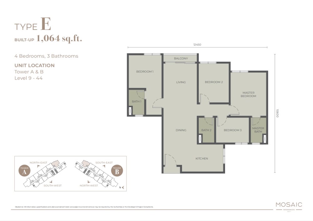 Mosaic Type E floor plan — 1064 sq ft, 3 bedrooms