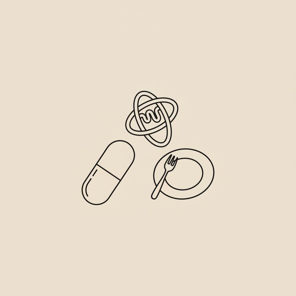 Minimal line illustration of an l-carnitine capsule, a small plate with fork, and a stylized mitochondrion on a beige #F2E5D5 background in Tonum minimalist style.