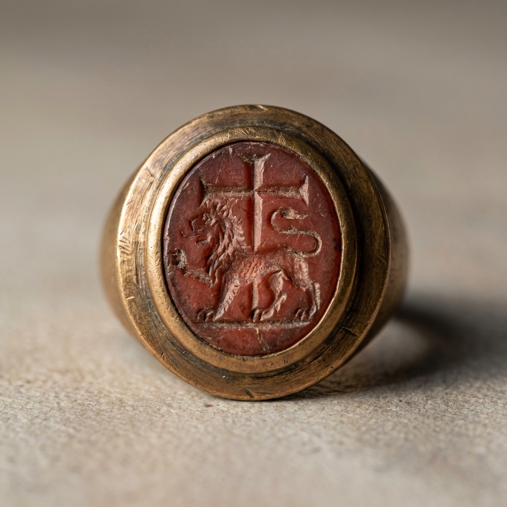 High resolution detail of a crusader period ring bezel and intaglio showing patina and tooling marks for an antique knights templar ring for sale on a neutral background