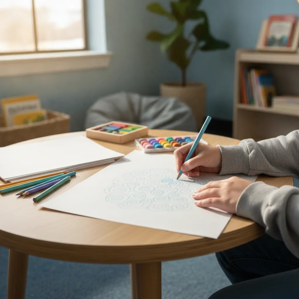 What is art therapy benefits for students illustrated by a quiet school art session for emotional regulation