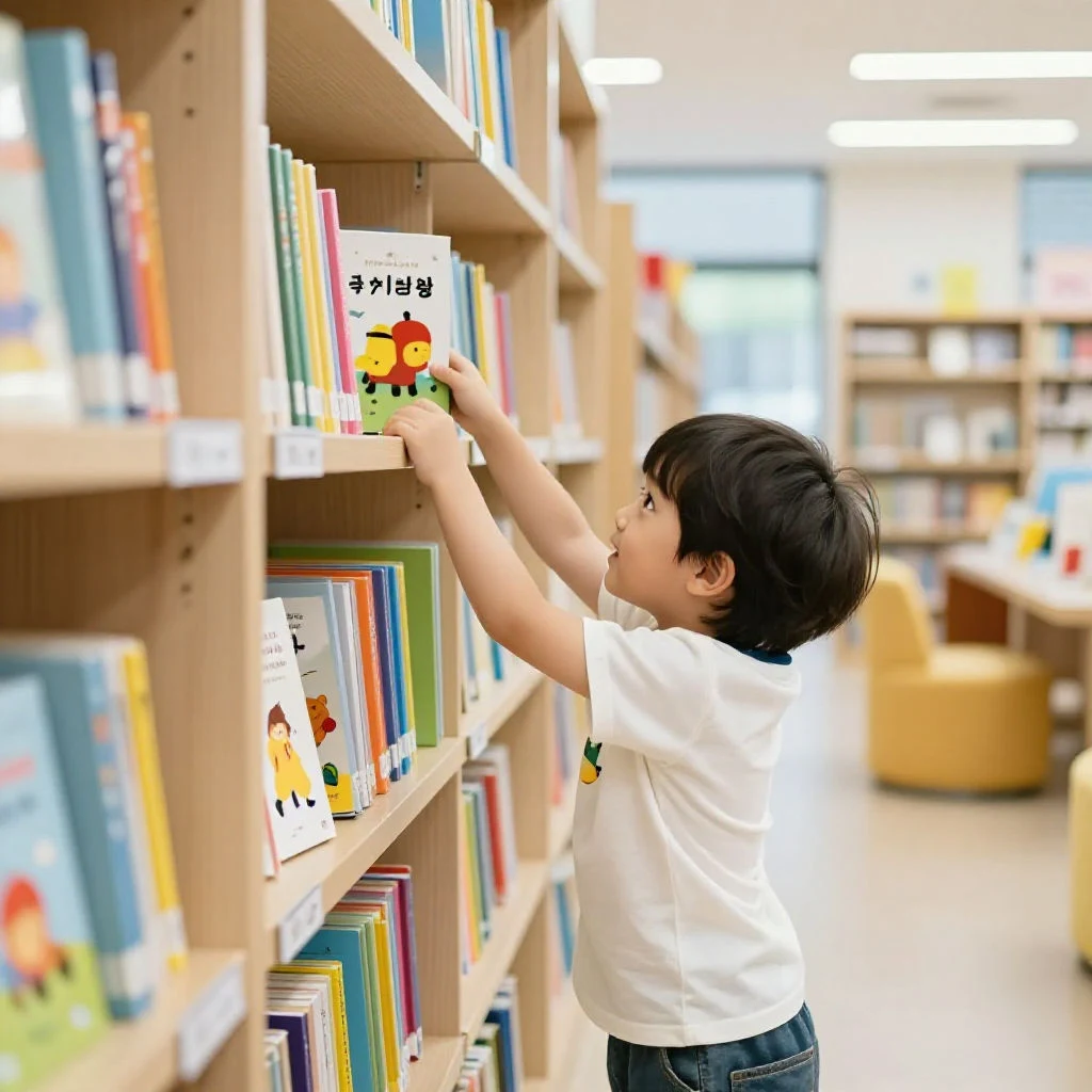 도서관에서 아이가 직접 읽고 싶은 책을 고르는 즐거운 모습