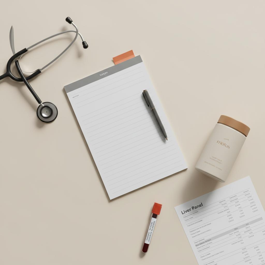 Tonum Motus bottle on a clinical desktop with stethoscope, notepad, blood tube and blurred liver panel, conveying testing and care — how to tell if your liver is full of toxins