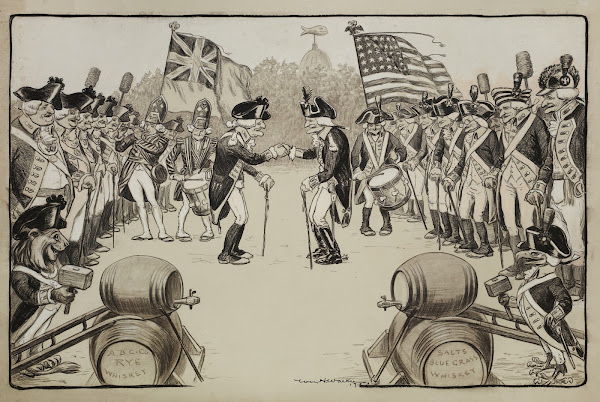 Armies of old men American and British meet on a field with canes instead of rif