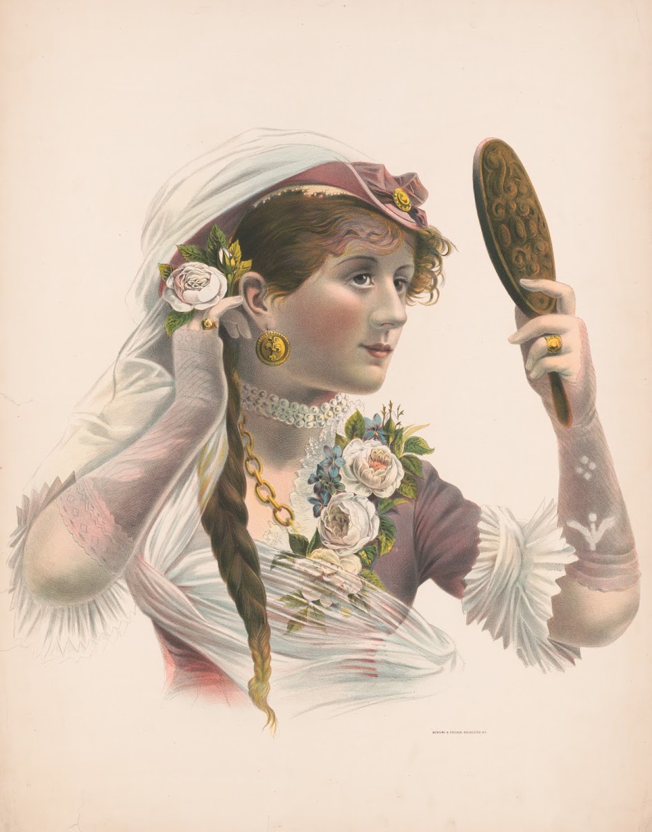 Woman looking in mirror admiring rose in her hair 1880
