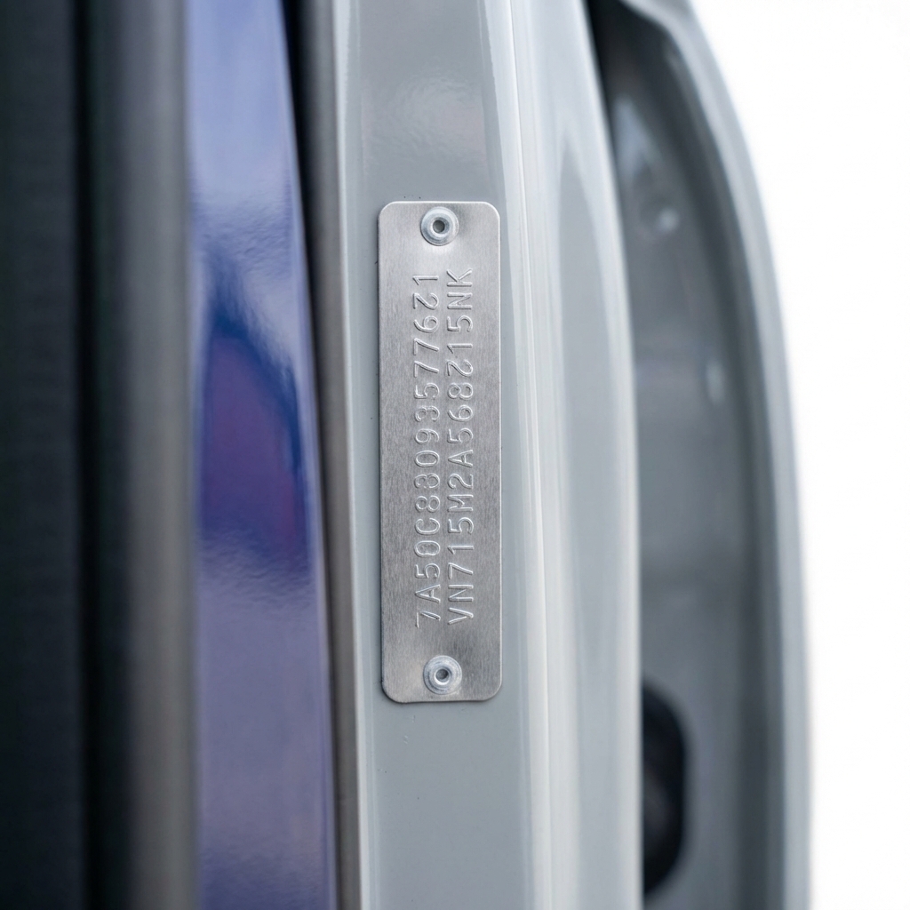 Close up vehicle VIN plate on driver side door jamb with clear rivets and undisturbed paint neutral tones subtle blue accent how to get a carfax report for free