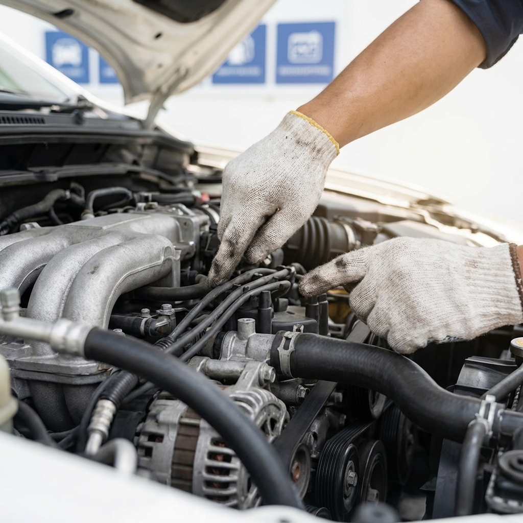 Best affordable cars mechanic close up hands inspecting engine bay focus on components clean white background and subtle blue 3666ed accents realistic natural lighting