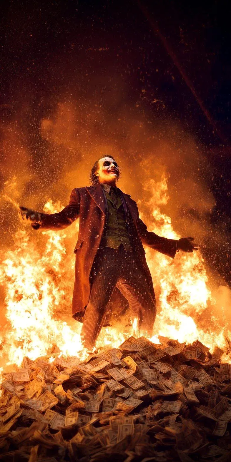 The Joker Burns Money Pile - Cinematic Still iPhone Wallpaper (785x1572)