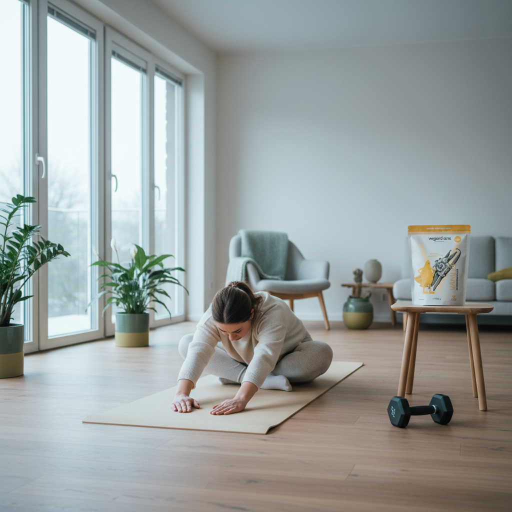 Minimalistisches Home-Workout im hellen Wohnzimmer mit Yoga-Matte, Hantel, Pflanzen und winterlichem Licht – nordische Ruhe und Motivation im Fokus der Trainingsziele.