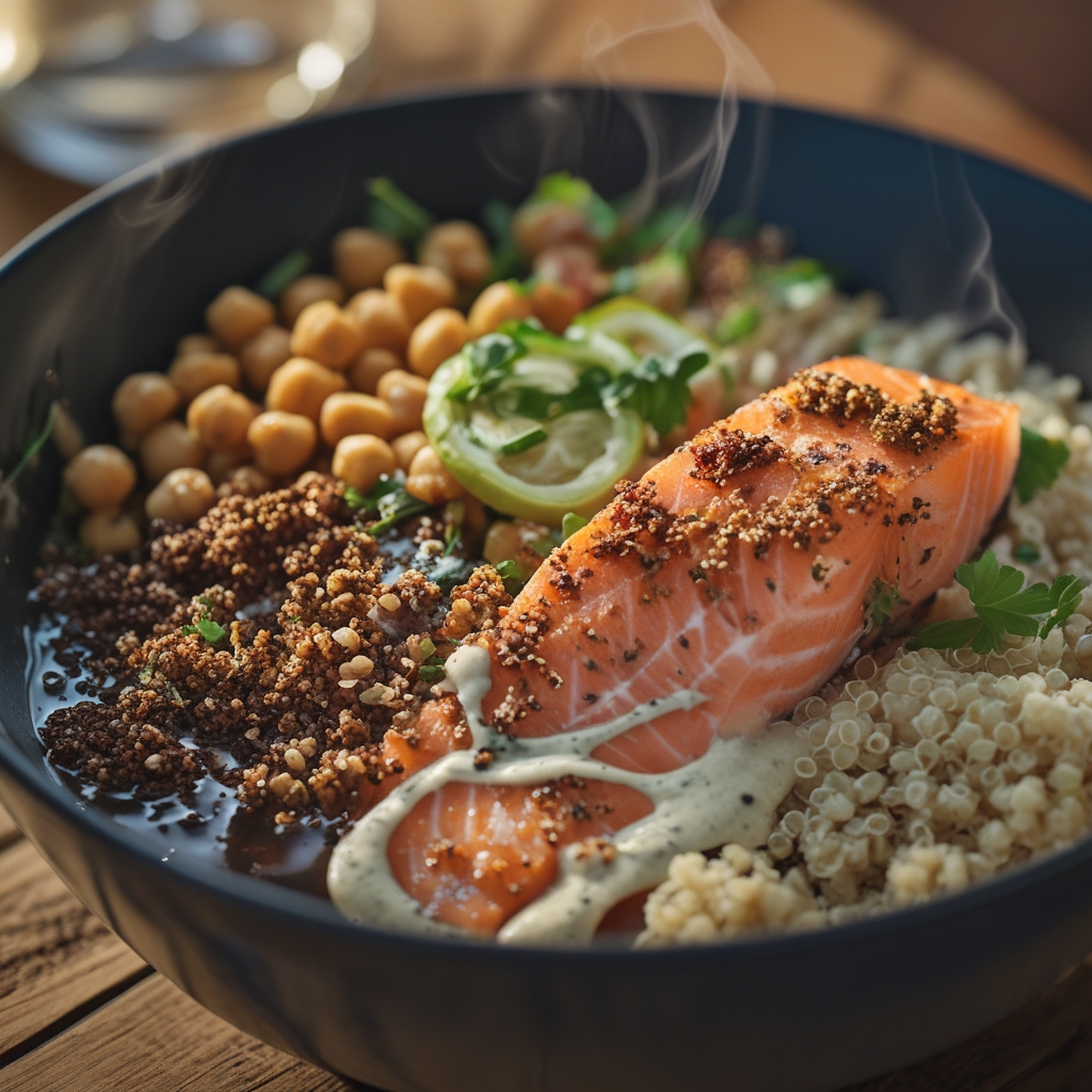 Final Crispy Za'atar Salmon Power Bowls with Whipped Lemon-Tahini & Crispy Chickpeas