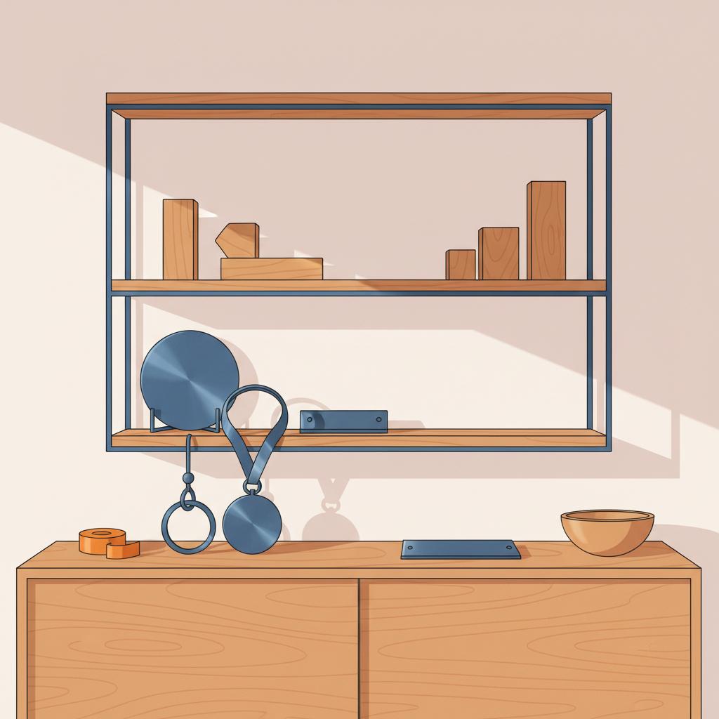 Minimalistische 2D-Vektoraufnahme eines gemütlichen Wohnzimmers mit industriellem Sideboard und arrangierten Metall-Schlüsselanhängern als geschenkideen