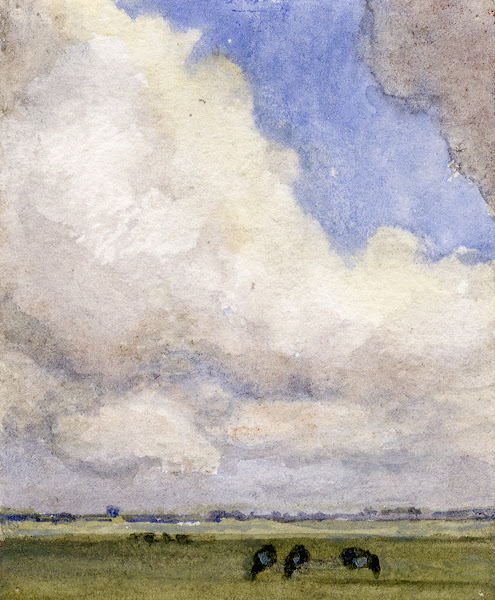 Hoge wolkenlucht boven weilanden 1943