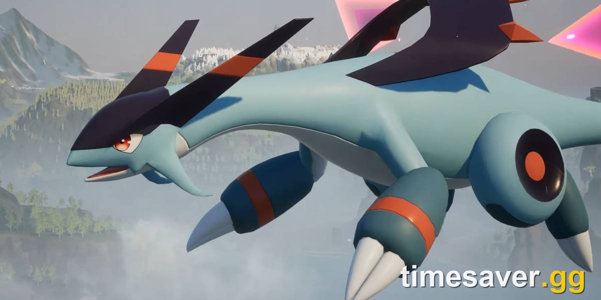 Cinematic in-game render of Jetragon, the blue Dragon-type Legendary Pal, in flight