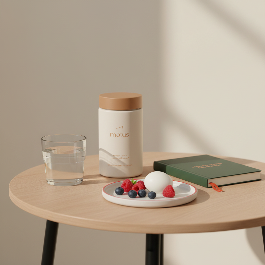 Motus jar on a round wooden table with a morning journal, glass of water and plate of boiled egg and berries in a minimalist Tonum setting — what is the best stomach fat burner for women?