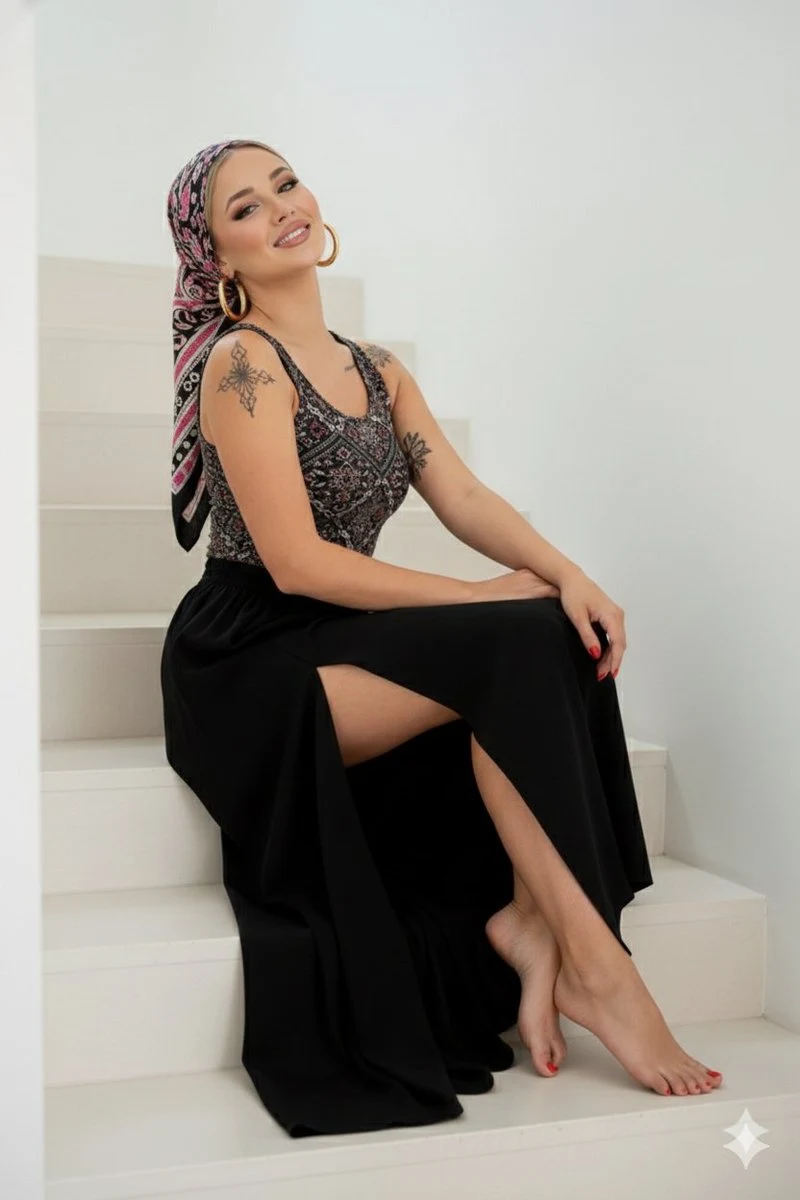 Mujer occidental sonriente en una escalera blanca