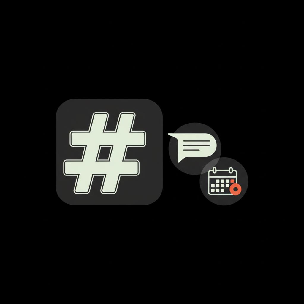 Minimal vector infographic on black background showing prominent hashtags symbol, a thread icon, and a small calendar icon in Social Success Hub palette (#edf1e9, #dddddd, #dc5c2b).