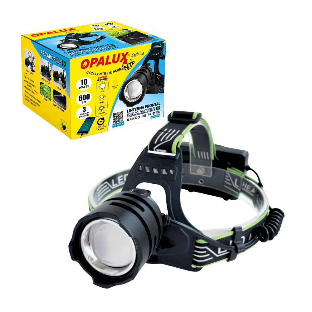Linterna Frontal Recargable de 10W 600lm 3 Modos de Luz y Proteccion IP44 OPALUX OP-3404 