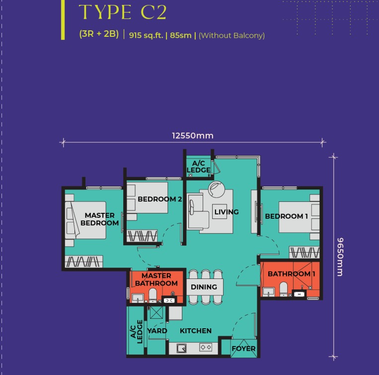 The Vividz Type C2 floor plan — 915 sq ft, 3 bedrooms