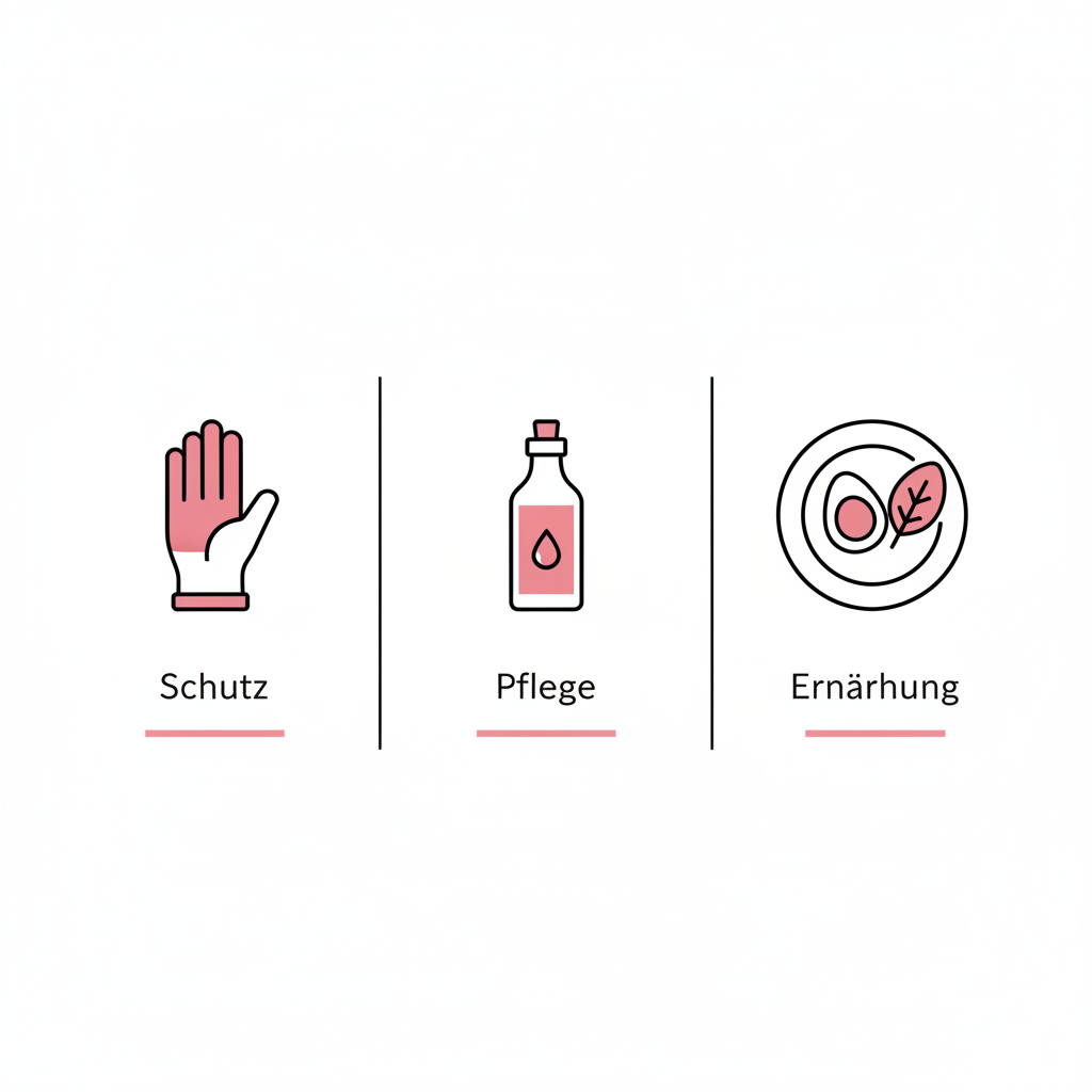 Minimalistische 2D-Vektor-Infografik: Nägel stärken natürlich – drei Icons für Schutz (Handschuh), Pflege (Ölflakon) und Ernährung (Teller mit Ei &amp; Spinat) auf weißem Hintergrund