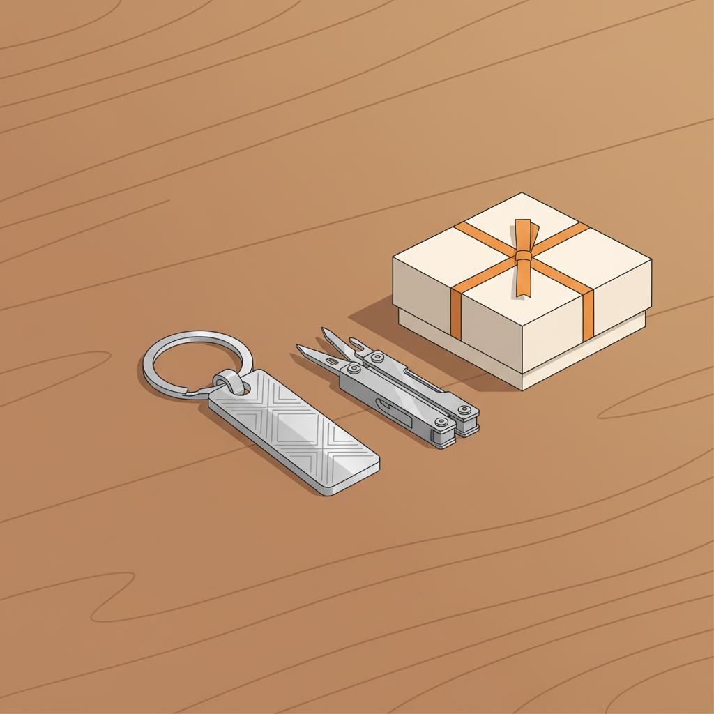 Nahaufnahme von Geschenkdetails auf Holztisch mit graviertem Edelstahl-Schlüsselanhänger, kleinem Multitool und schlichter Geschenkbox mit orangeband – geschenkideen feuerwehrmann