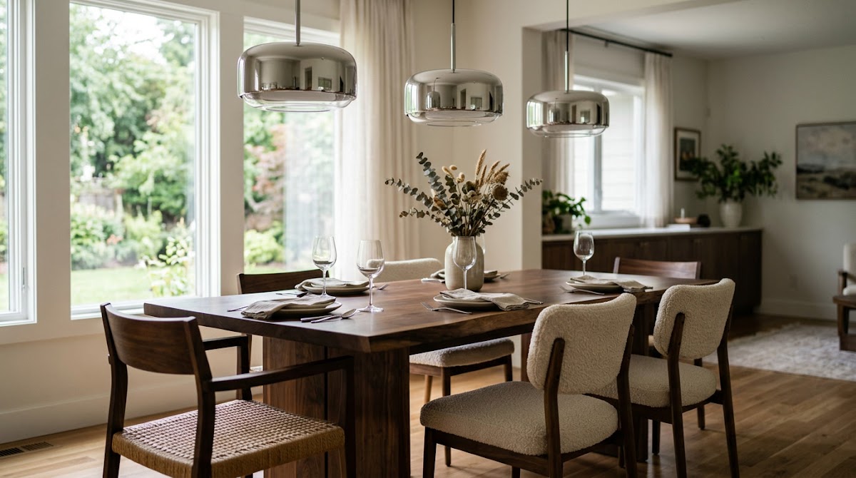 How to Pair Chrome Pendant Lights With a Warm Wood Dining Table - small apartment chrome furniture measured beside warm wood storage