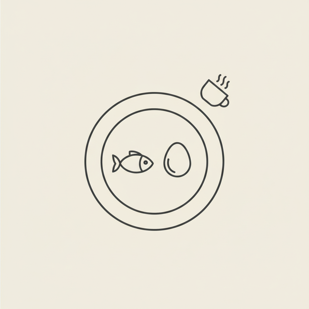 Minimal line illustration of a plate with fish, egg, and steaming coffee cup representing most thermogenic food on a beige background