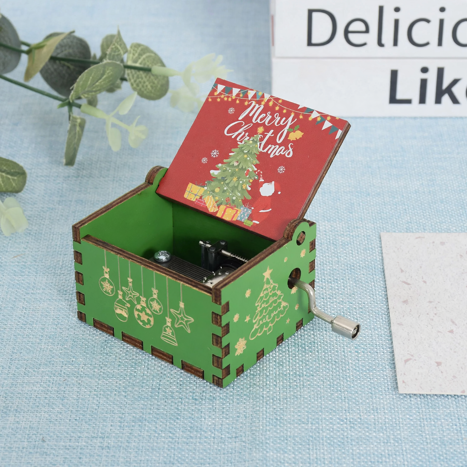 Compact wooden music box with laser engraving