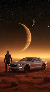 Astronaut and Mustang on Mars Under Giant Red Planet