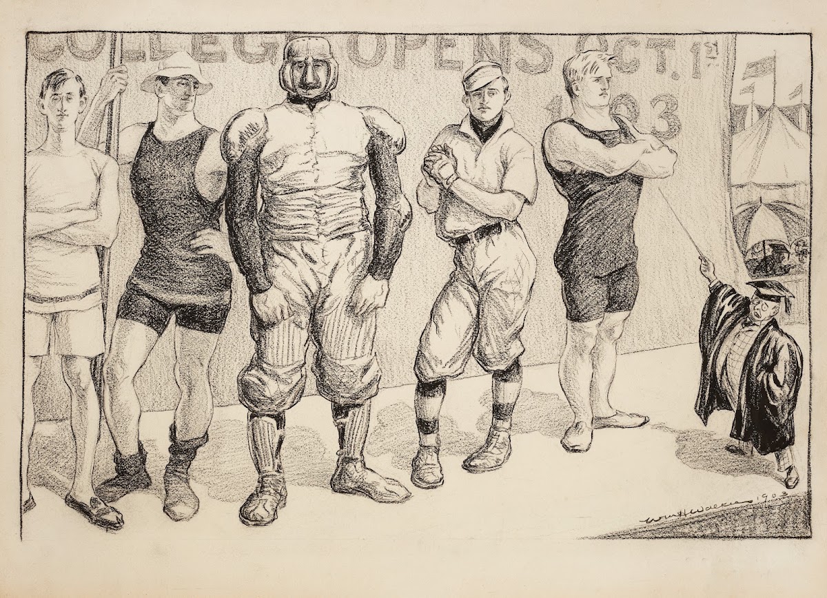 Young men in athletic uniforms of various sports under a sign reading college op