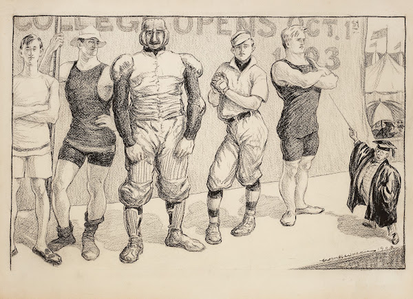 Young men in athletic uniforms of various sports under a sign reading college op