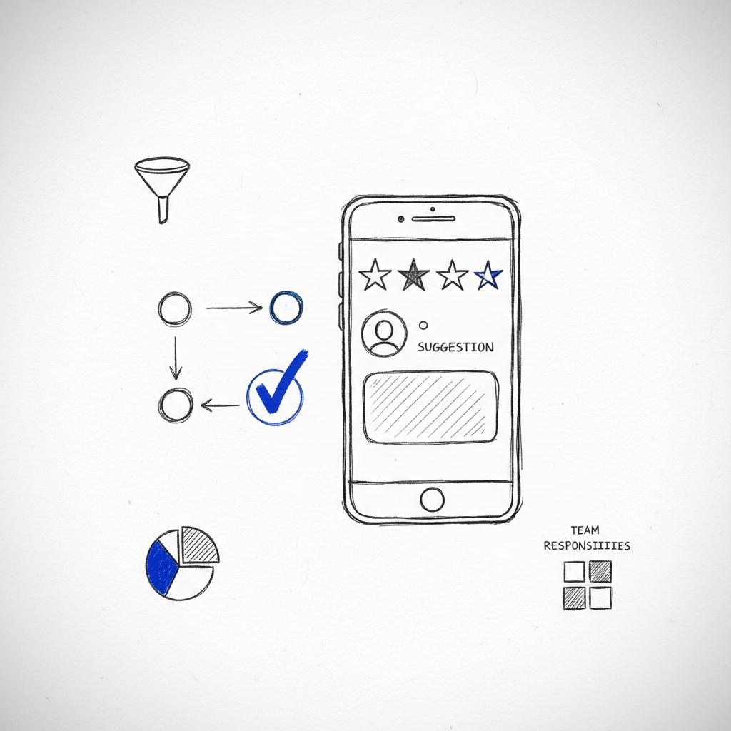 Small sketch-style full-frame illustration of a mobile phone with a review prompt and a simplified checkmark flow on white paper, highlighted in blue for Google Local service ads reviews.