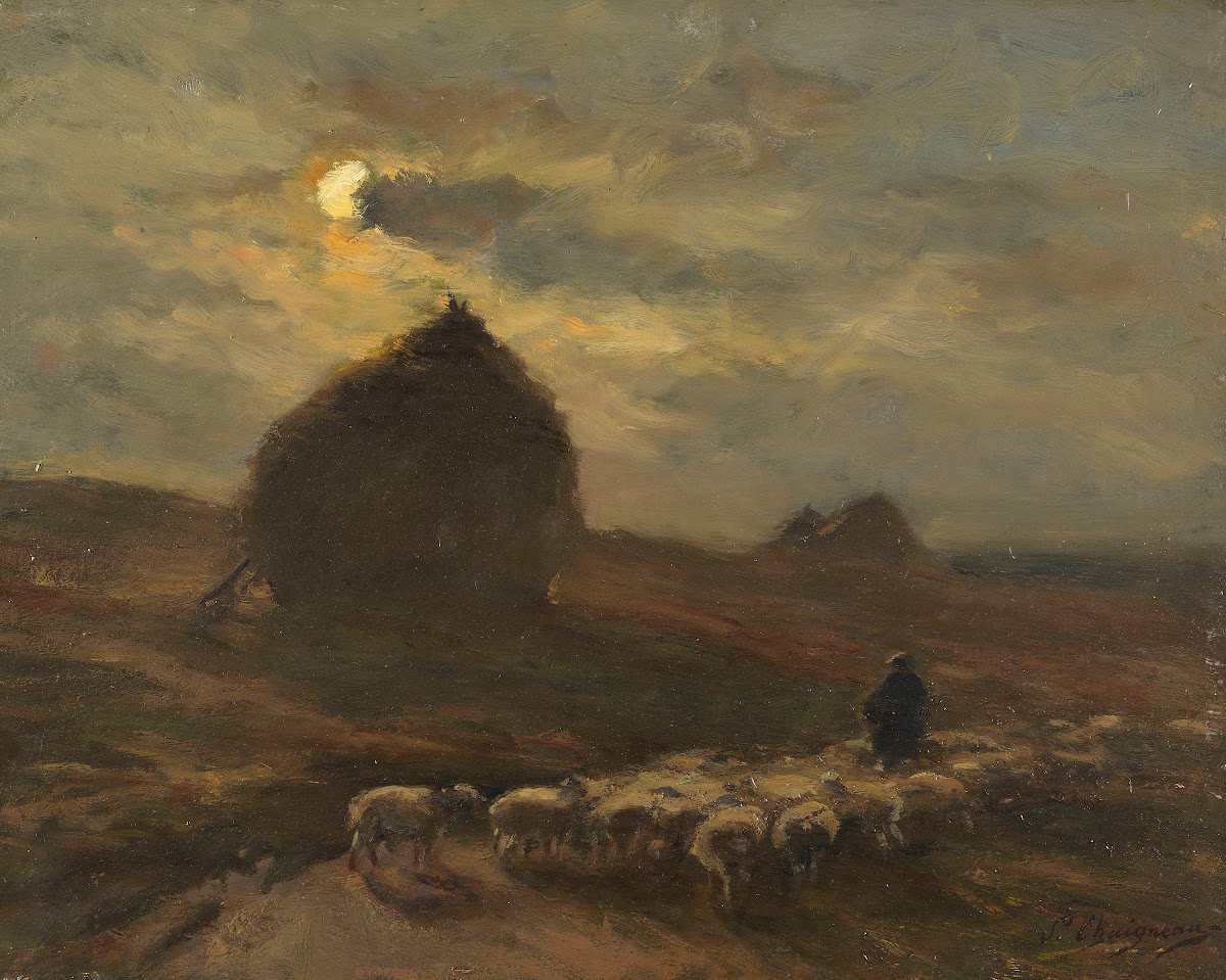 Flock of sheep and shepherd by moonlight
