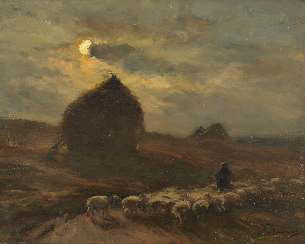 Flock of sheep and shepherd by moonlight