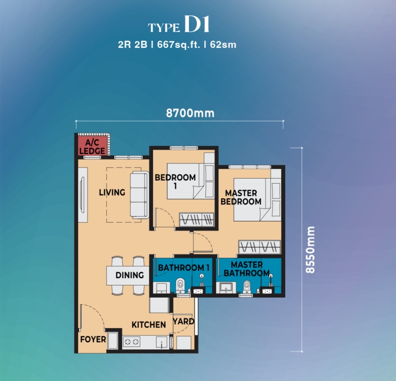 Dover, Causewayz Square Type D1 floor plan — 568 sq ft, 1 bedrooms