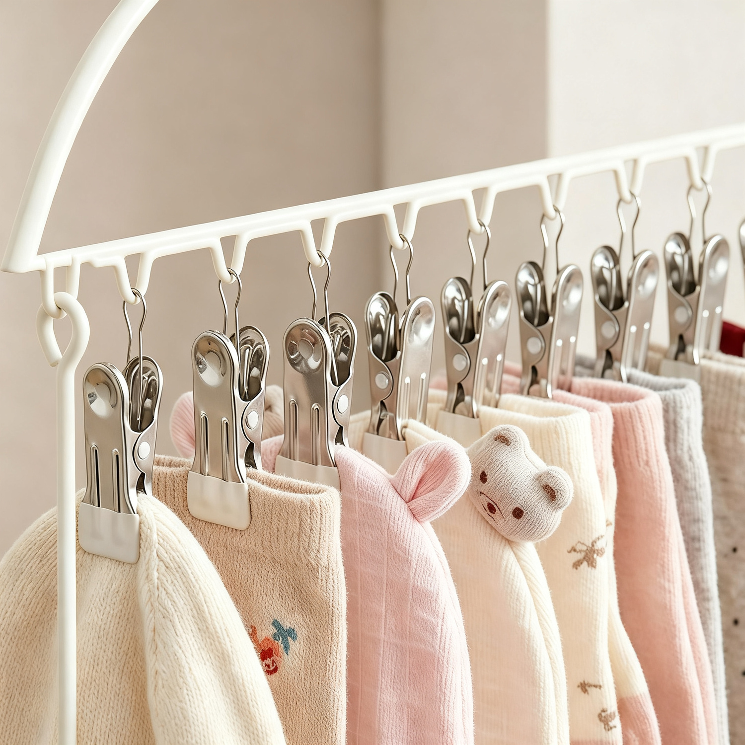 Clothes drying rack with multiple clips for baby clothes