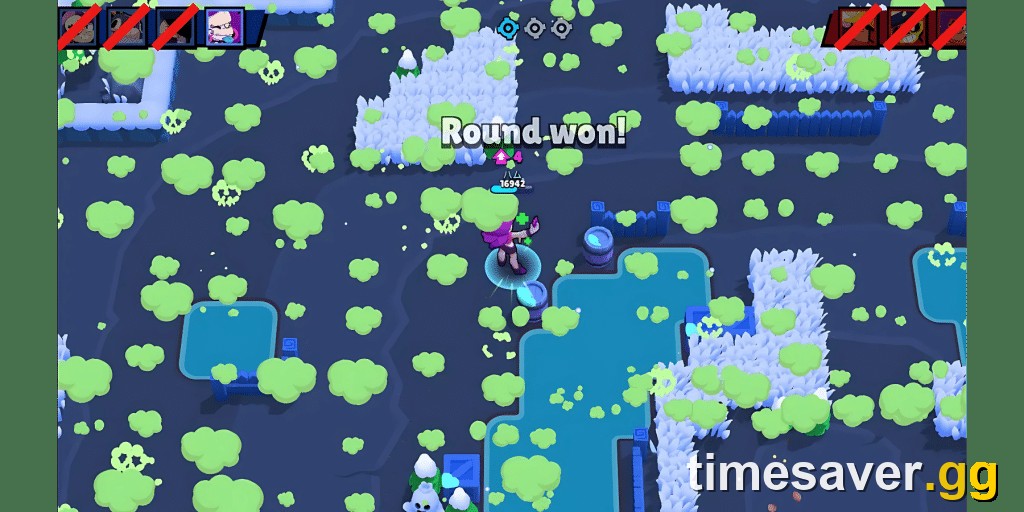Brawl Stars Knockout round-won moment with poison gas closing in and eliminated brawler icons at the top of the screen