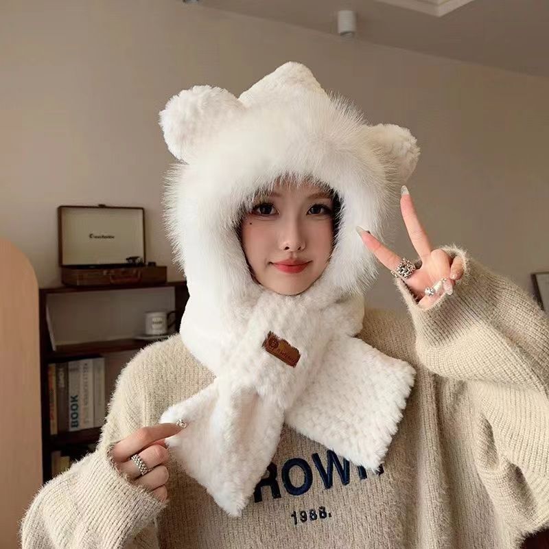 Plush hat with rabbit ears and scarf, women, winter