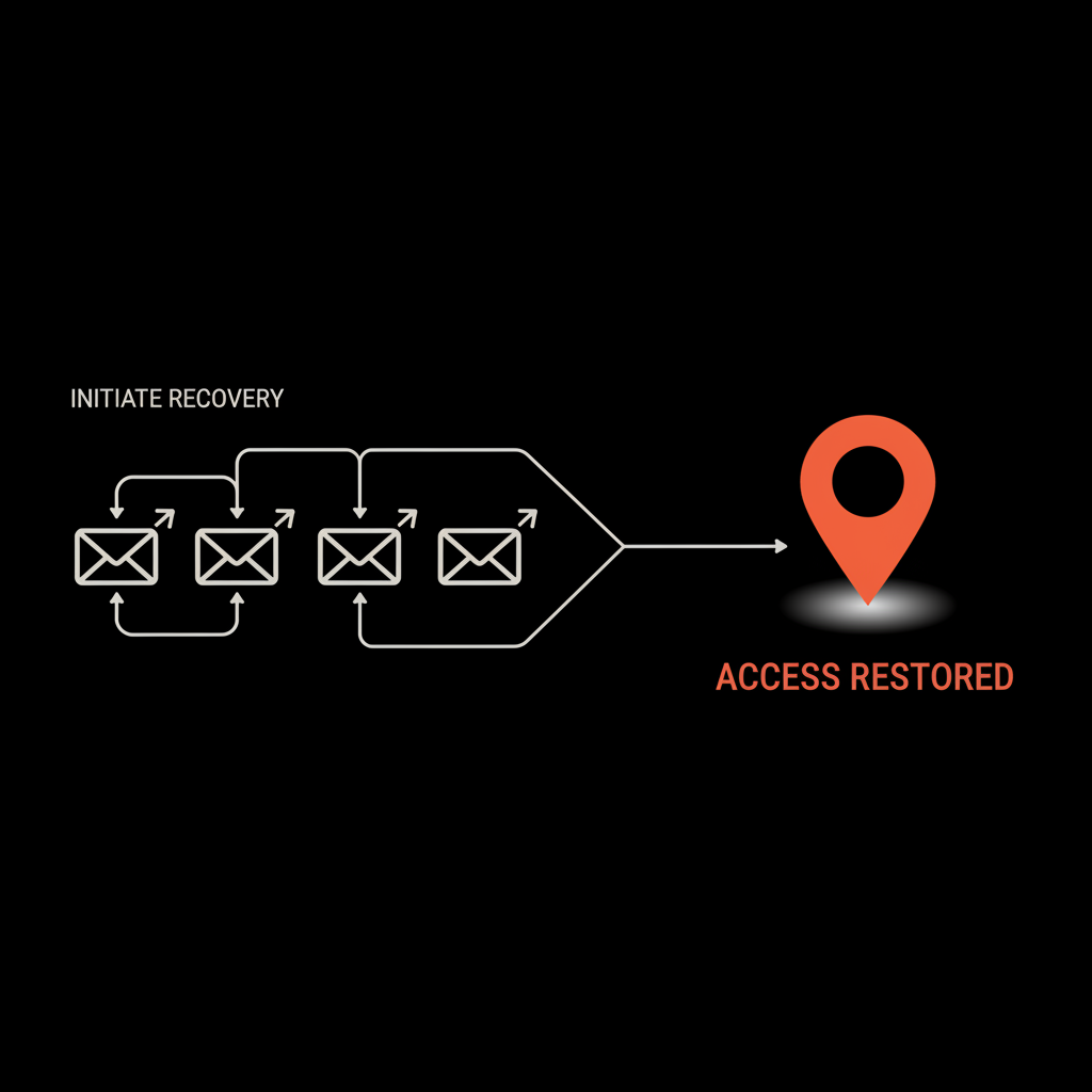 Minimal vector infographic of multiple email icons funneling into one map pin on black background, illustrating account recovery to delete Google review.