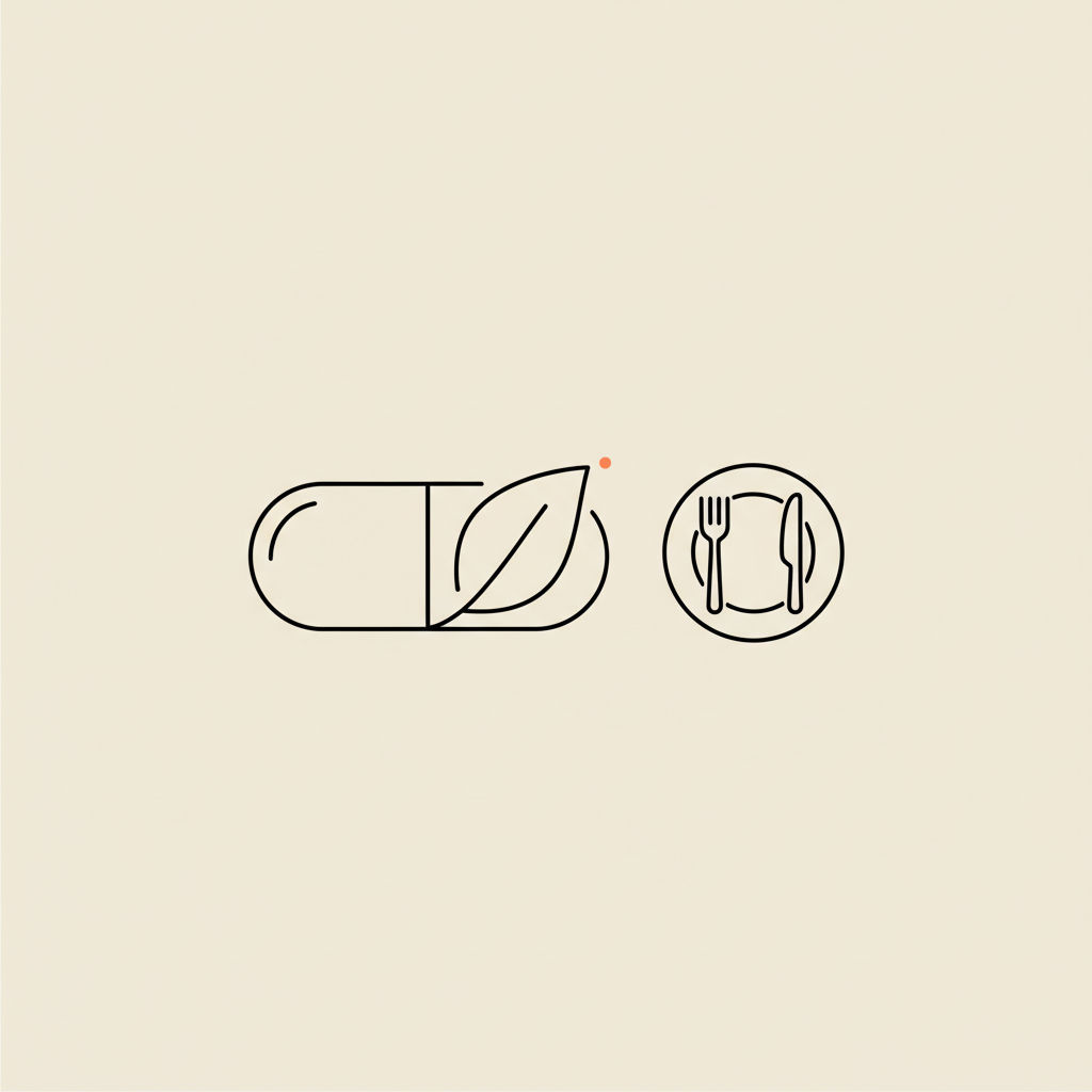 Minimalist Tonum-style line illustration of a capsule morphing into a leaf beside a small plate with utensils on a beige background — will insurance pay for weight loss pills